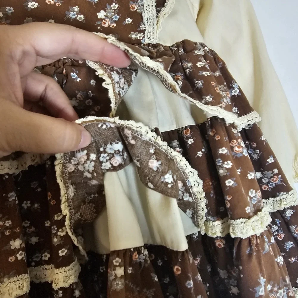 Vintage Dress Girls 6 Brown Floral Ruffle Lace Jumper Style Prairie Cottage Doll